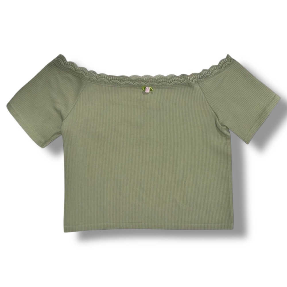 Planet Heart Sage Green Women’s Crop Top with Pink Rose Accent & Lace Trim